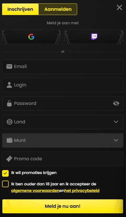 BlitzBet Casino registratieformulier en account aanmaken